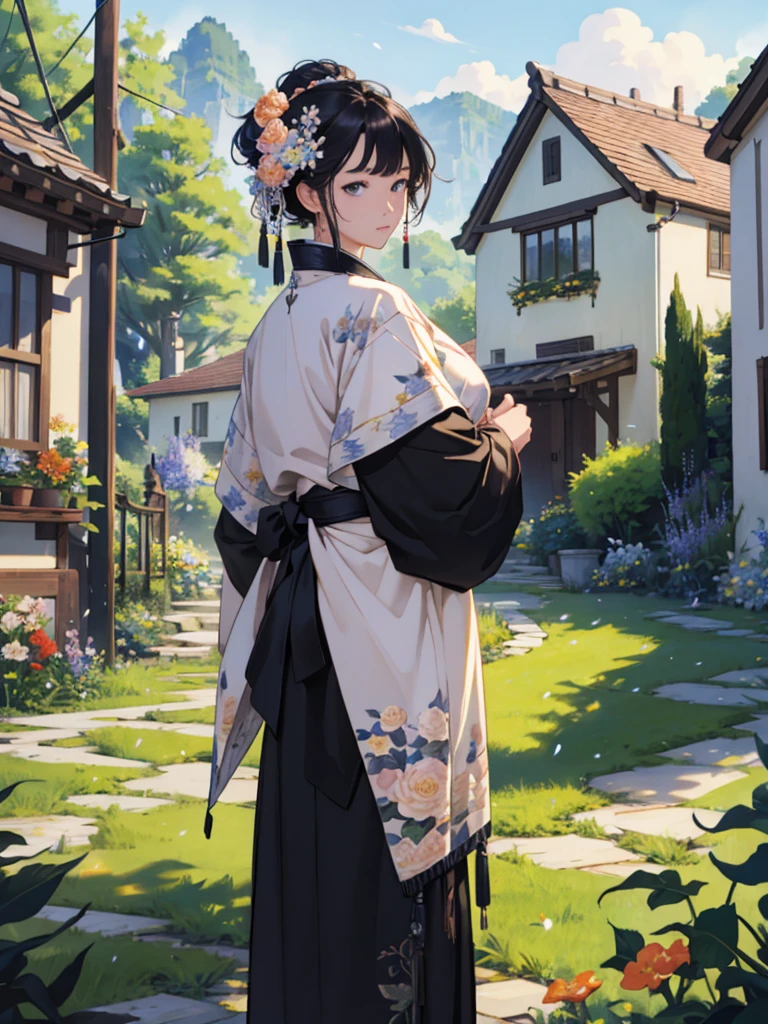 top-quality、4k wallpaper、​masterpiece、the Extremely Detailed CG Unity 8K Wallpapers、extremely detailed eye、ultra-detailliert、intricate-detail、、1girl、looking at the viewers、outside of house、garden、florals、flowers background、