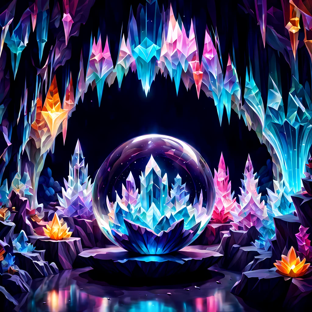 (Симметричный:1.3), (Один:1.3), (милый мультяшный стиль:1.3), эпический, (((внутри магической сферы))) создайте завораживающую неземную красоту кристалла ((пещеры, заключенные в большой шар)), пещеры украшены мерцающими кристаллами, сверкающий под сияющим и постоянно меняющимся свечением ярких цветов, шар излучает чарующую ауру, отбрасывающую замысловатые тени на стены пещеры., готическая мистика, вызывая чувство чуда и интриги, Более детально