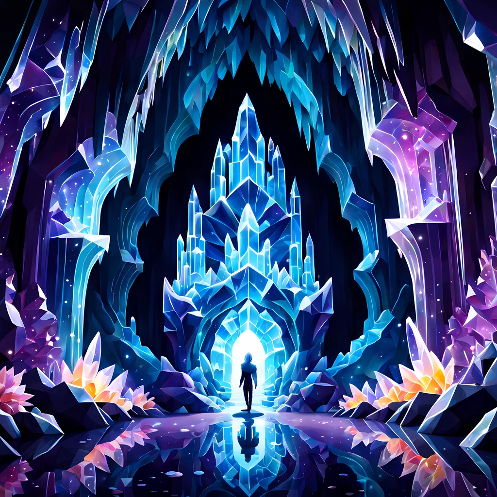 (symmetrical:1.3), (solo:1.3), (cute cartoon style:1.3), epic, design a mesmerizing ethereal beauty of crystal ((caves enclosed within a grand magical portal)), ((cosmic energy)), the caves are adorned with shimmering crystals, glistening under a radiant and ever-changing glow of vibrant colors, the orb exudes an enchanting aura casting intricate shadows on the cave walls, gothic mystique, evoking a sense of wonder and intrigue, More Detail