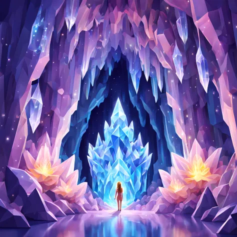 (symmetrical:1.3), (solo:1.3), (cute cartoon style:1.3), epic, design a mesmerizing ethereal beauty of crystal ((caves enclosed ...