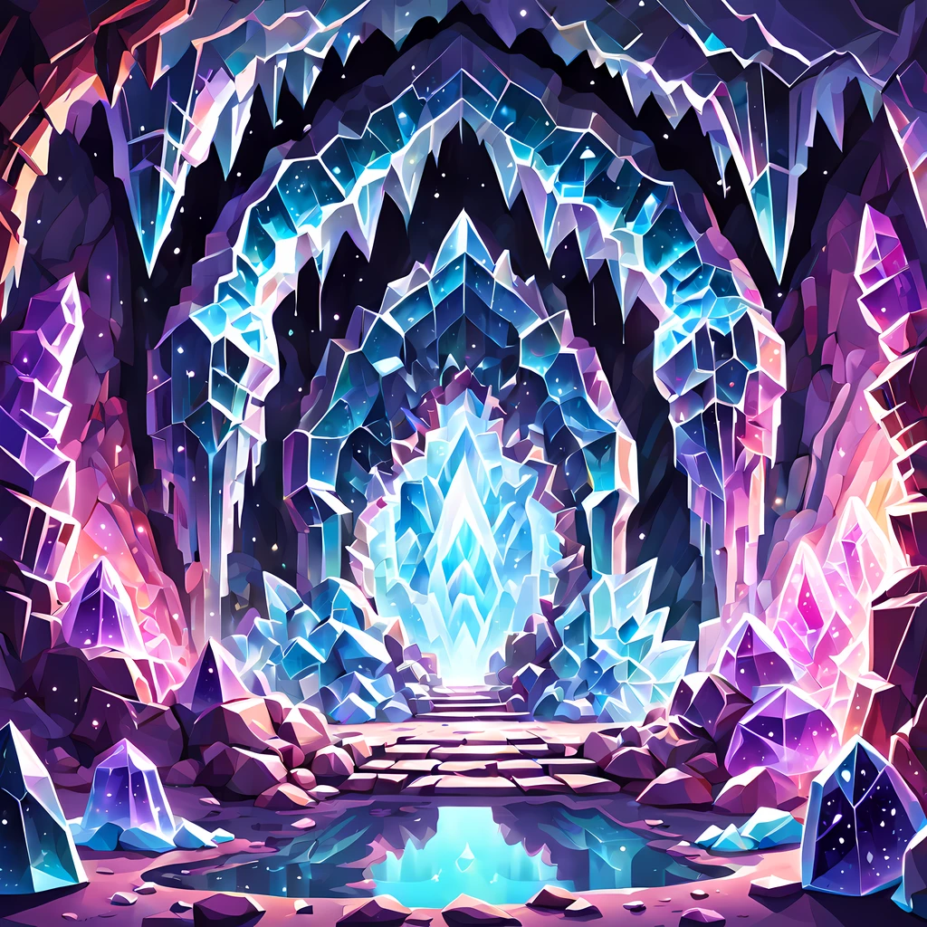 (symmetrical:1.3), (solo:1.3), (cute cartoon style:1.3), epic, design a mesmerizing ethereal beauty of crystal ((caves enclosed within a grand magical portal)), ((cosmic energy)), the caves are adorned with shimmering crystals, glistening under a radiant and ever-changing glow of vibrant colors, the orb exudes an enchanting aura casting intricate shadows on the cave walls, gothic mystique, evoking a sense of wonder and intrigue, More Detail