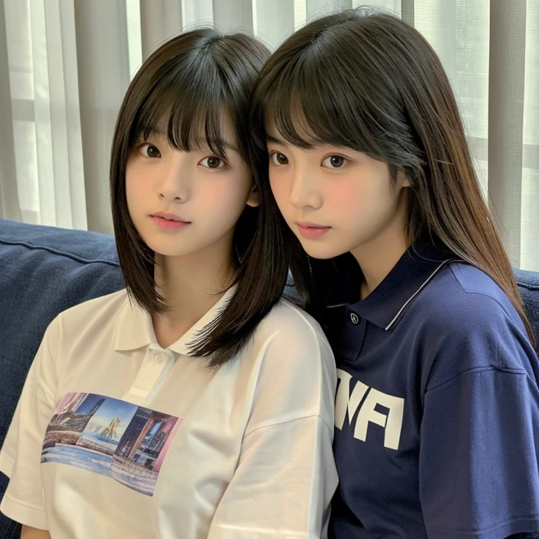 An ultra-high picture quality、Perfect Photo、japanes、1 beautiful girl in Japan、huge window、1 person wearing a T-shirt、1 person wearing a polo shirt、JINS、Sleepy look、Lace curtains、dim room、sit on sofa、2 girls in&#39;Not similar..、one person has long hair、One person has short bob hair、Open mouth slightly、stare at each other、