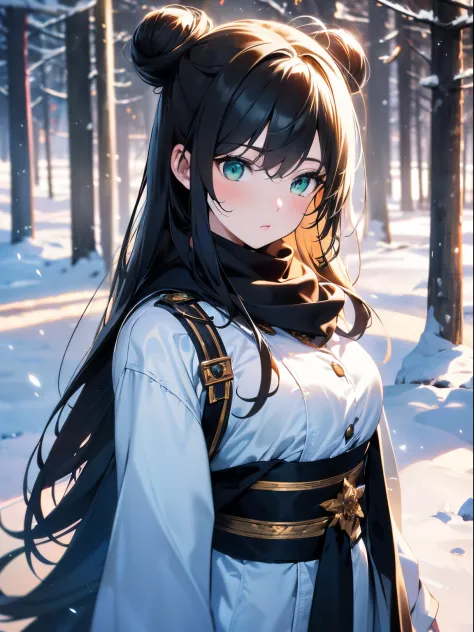 ((Long hair in two buns)), amount at the time of parting.、A dark-haired、((Green eyes))、 High quality, Highly detailed CG Unity 8...