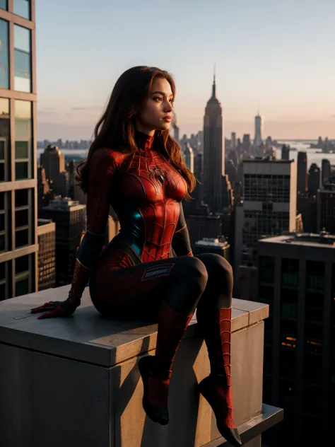 A 4K image of a spidergirl perching on a building, crotchless suit, new york skylines at dawn, deep colors, diffused lighting, masterpiece, highly detailed