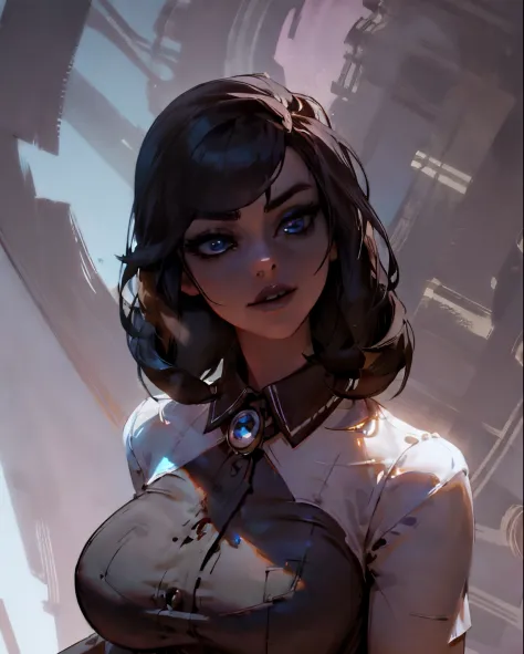 (Detailed Lights, Detailed Shadows), 1Woman, black Hair, (Elizabeth), Bioshock infinite, , White blouse, ((Detailed Eyes)), uppe...