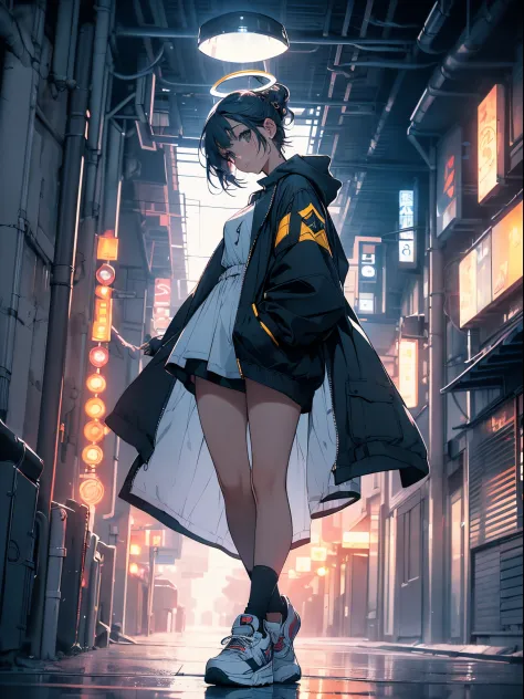 A girl in profile, with her hands in her jacket pocket, Short bob hair, long sideburns, (((A halo over her head))), White eyes, star lips, hip-hop clothes, white high-top sneakers , walking down dark street, full body, thick legs, small breasts, big booty,...