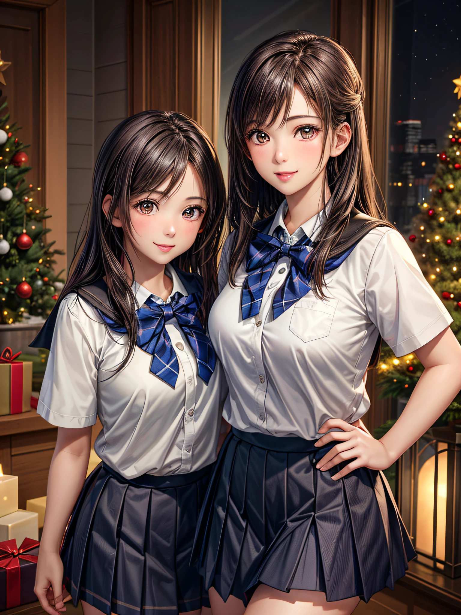 (2girls:1.4), Extremely cute, amazing face and eyes beautiful nice smile), (extremely detailed beautiful face), bright and shiny lips, (School uniform, Pleated skirt:1.3), (Best Quality:1.4), (hyper quality), (Ultra-detailed), (Hyper-realistic, Photorealsitic:1.37), Authentic skin texture, intricate-detail, extremely detailed CG unified 8k wallpaper, RAW Photos, professional photograpy, Cinematic lighting, Exposing, Christmas tree, Christmas Ornaments, Christmas Decorations, Christmas Lights, Christmas Lights,