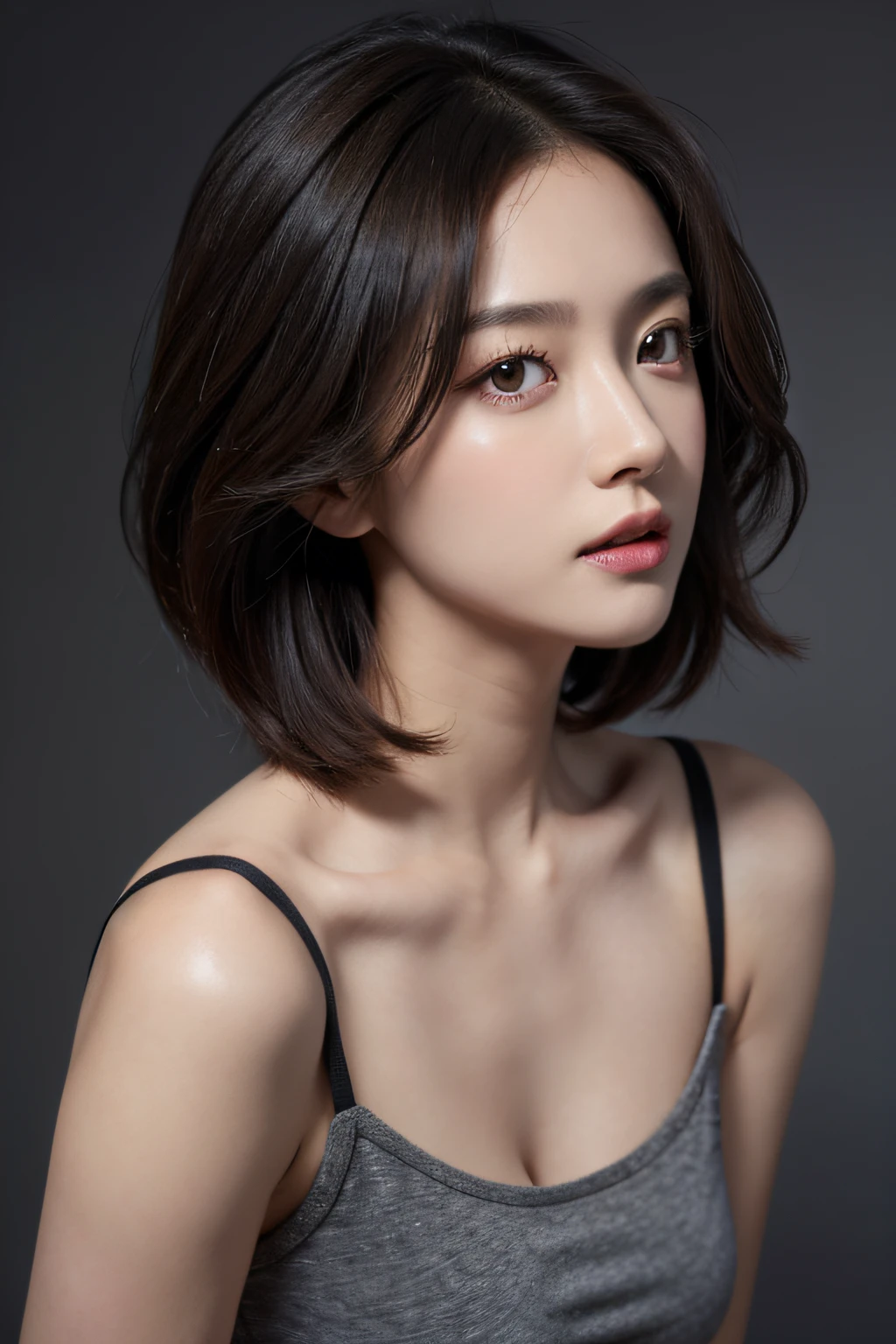 Skin Tight Black Top:1.2, Looking at Viewer, Cinematic lighting, Perfect, softlight, High resolution skin:1.2, Realistic skin texture, 30 years old mature woman、a small face、no-makeup、, off shoulders,Bust B Cup、 Exposed cleavage, Red Eyes, Short hair, dark brown  hair、fullnude、Gray background、