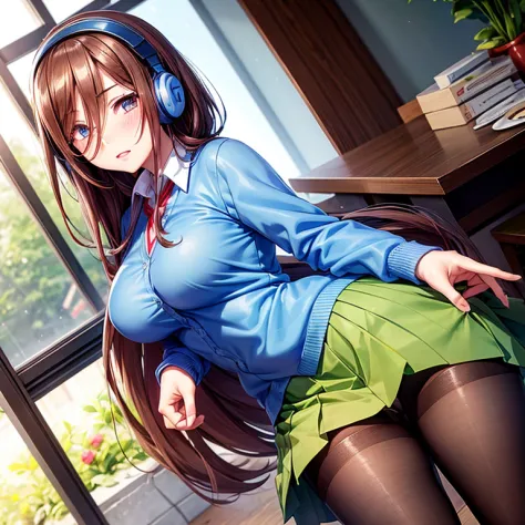 schoolgirl with brown hair、green skirt、light blue cardigan、(blue headphones)、semi-long hair、black pantyhose、sheer stockings、vagi...