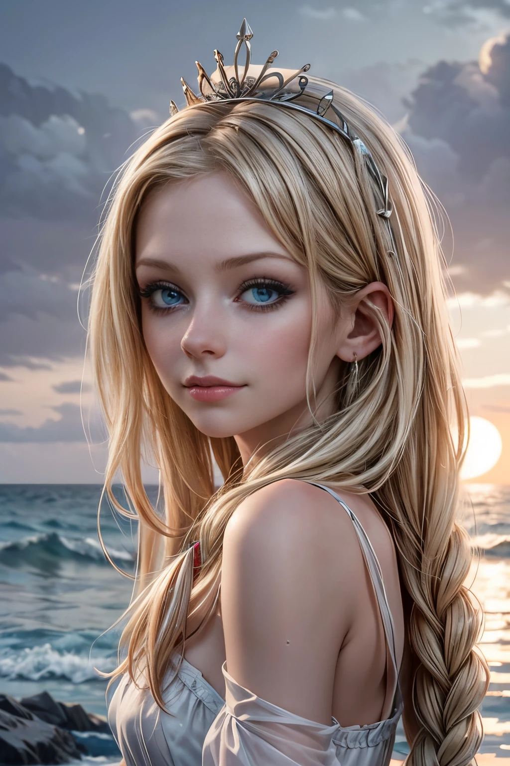 (((Hay una chica saliendo del mar.))), la princesa cisne de la mitología rusa, un hermoso rostro tranquilo, blue eyes, pelo largo rubio trenzado en una trenza, la luna luna tejida en el cabello en la parte posterior de la cabeza, breve ropa blanca vieja mojada rusa, una corona kokoshnik en la cabeza, una mirada cariñosa, una media sonrisa, una expresión gentil en su rostro, un paisaje marino de fondo y la luz del sol, gaviotas en el cielo, longitud total,  Photorealism