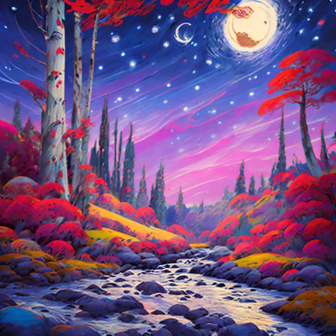 starry night sky with a river with the sky with aurora borealis, arte conceitual inspirada na noite estrelada, magical landscape...