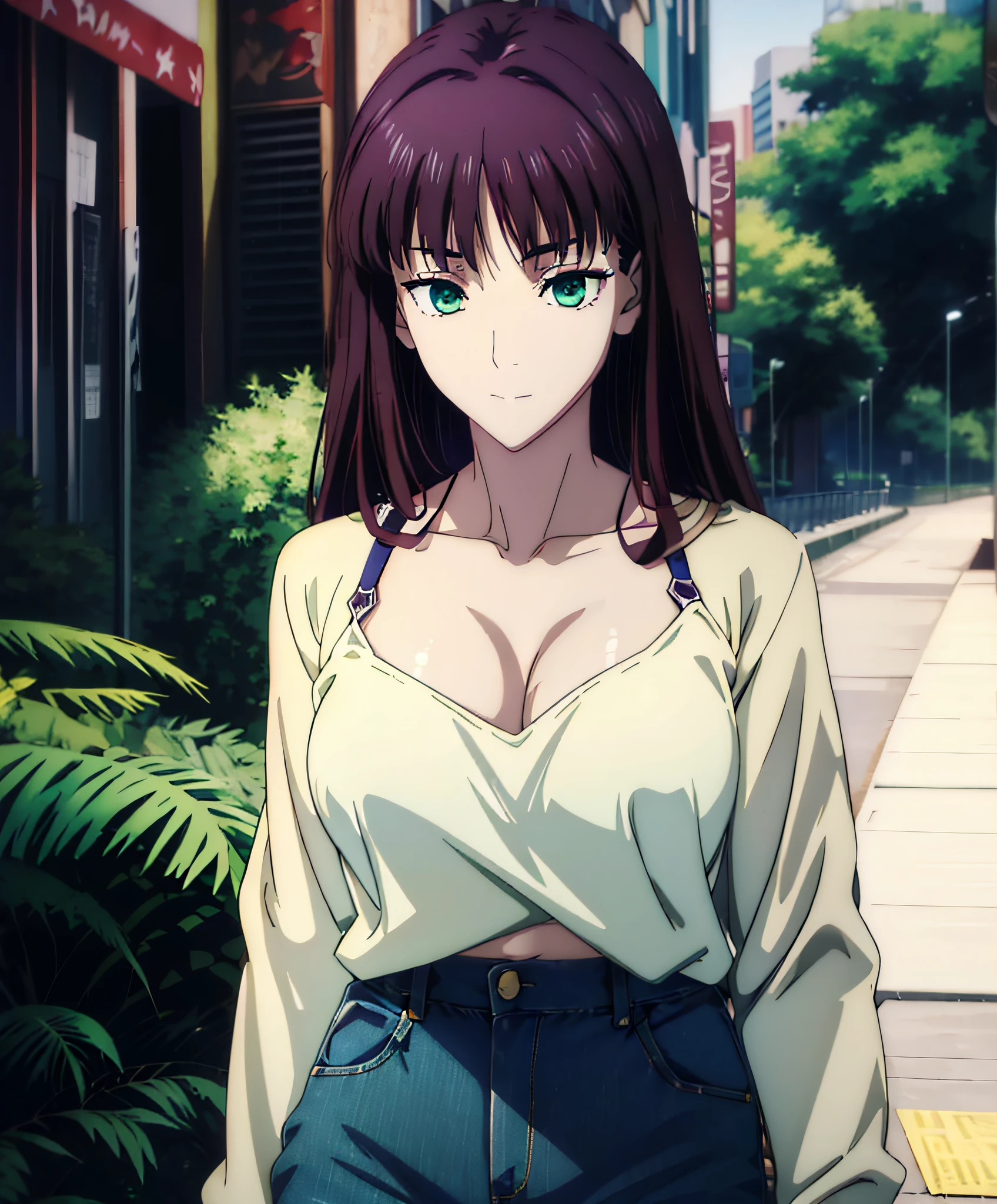 Anime girl with big breast standing on the sidewalk in the city - SeaArt AI