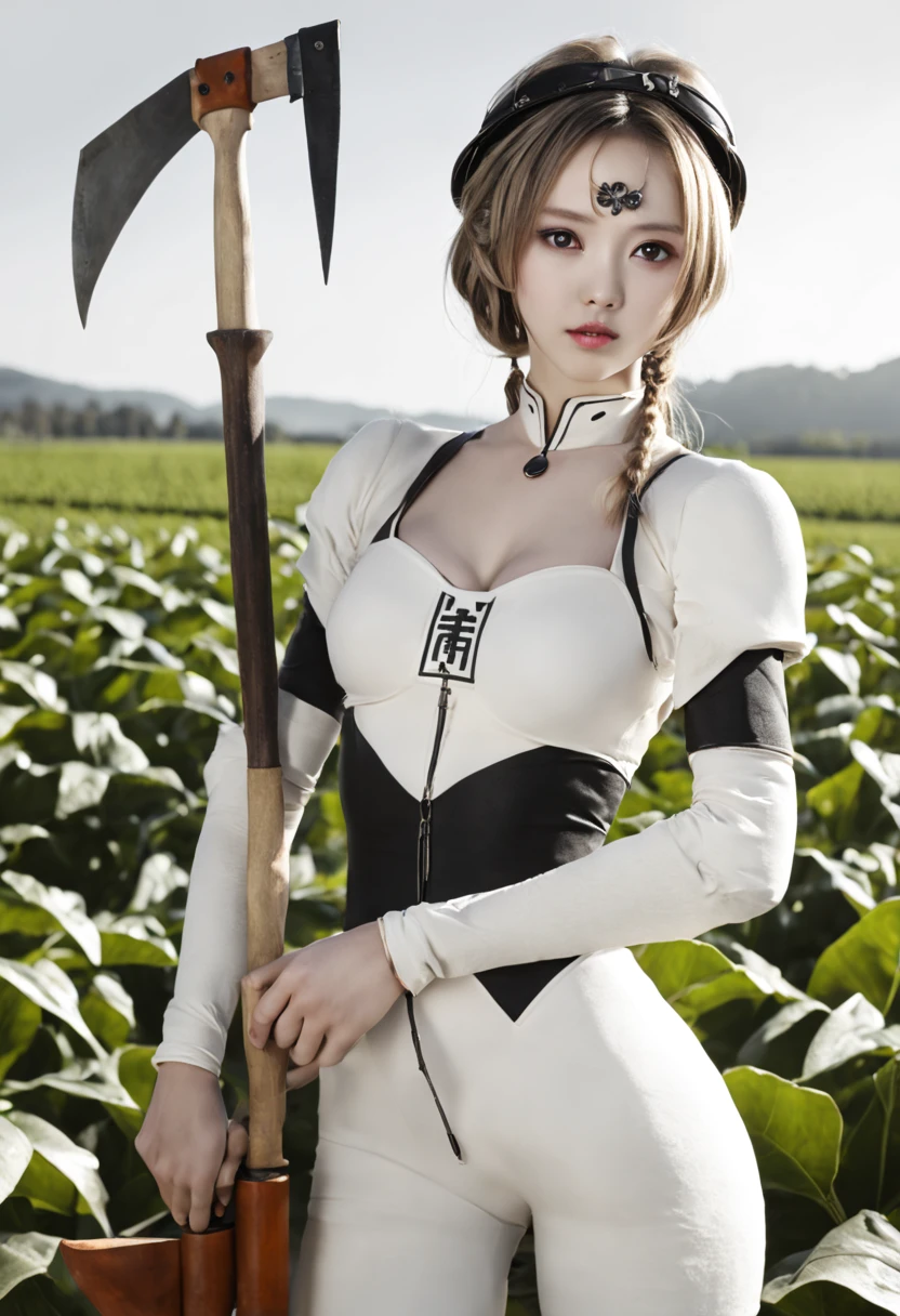 younggirl , agriculture, farming style、Forehead jewelry, look at viewr, Sexy Pose, pale skin, Black Eyes,  White background,agricultural tools