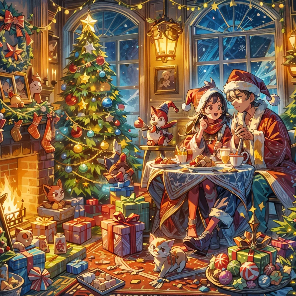 (((ベクターイラストスタイル)))，鮮やかな色，魔法のような雰囲気，気まぐれに，スパークリング，ファンタジーなクリスマスの世界，部屋で，クリスマスディナーを楽しむ若いカップル。高いクリスマスツリーが飾られた部屋，点滅するライトで覆われています，カラフルな装飾。隣にはギフトボックスが積まれています，期待と驚きを伝える絶妙なパッケージ。暖炉には暖かい火が燃えています，あちこちにクリスマスの飾りが飾られています，暖炉には美しいクリスマスリースも飾られています。テーブルの上のジンジャーブレッド クッキー、きび砂糖、キャンディーなどのクリスマスのお菓子。足元にはクリスマスラグの上に横たわる子猫，赤いスカーフを巻いている，この瞬間を楽しんでいるように見える。クリスマスの雰囲気たっぷりのお部屋，喜びに満ちて、そして，酔わせる, (ジブリのような色彩, 投げる, 一人称視点, 超高解像度, 傑作, 正確な, 解剖学的に正しい, 超詳細, 細部までこだわった, 高品質, 受賞歴, 最高品質, 8k)