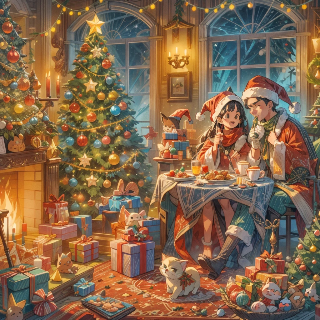 (((Vector illustration style)))，vivd colour，magical ambiance，whimsically，Sparkling，Fantasy Christmas world，In the room，A young couple enjoying Christmas dinner。The room  decorated with a tall Christmas tree，Covered with flashing lights，Decoration  colorful。There are gift boxes stacked next to it，Exquisite packaging reveals expectations and surprises。A warm fire burns in the fireplace，Various Christmas decorations are placed around，There  also a beautiful Christmas wreath hanging on the fireplace。Gingerbread cookies on the table、Cane sugar、Christmas delicacies such as candies。Kitten at feet lies on Christmas rug，wearing a red scarf，Seems to be enjoying this moment。The room  filled with a strong Christmas atmosphere，full of joy and，Intoxicating, (Ghibli-like colours, pov, first-person view, UHD, masterpiece, ccurate, anatomically correct, super detail, high details, high quality, award winning, best quality, 8k)