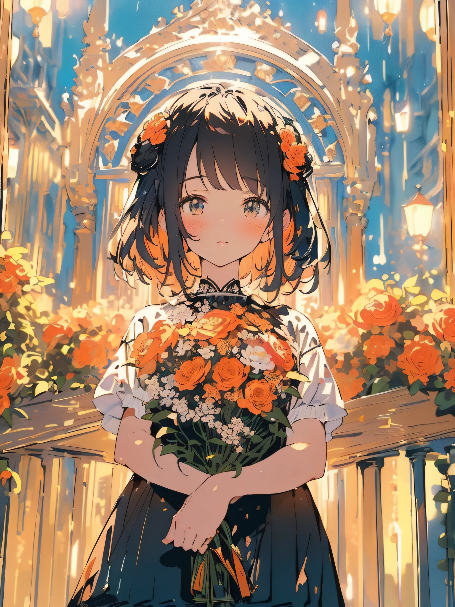 ((masterpiece, 8k, detailed), (masterpiece:1.2), (best quality), (ultra detailed), (8k, 4k, intricate), cute anime realistic portrait, a cute young lady in black dress holding a bouquet of roses and looking down, romantic, simple night sky background, cute, in the style of orangesekaii, sweet, top down angle,