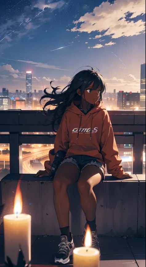 octane, sky, star (sky), scenery, starry sky, night, 1 black girl, night sky, solo, outdoors, building, cloud, milky way, sitting, jarred candles , long hair, city, silhouette angle, wearing a red hoodie and jean shorts, cityscape