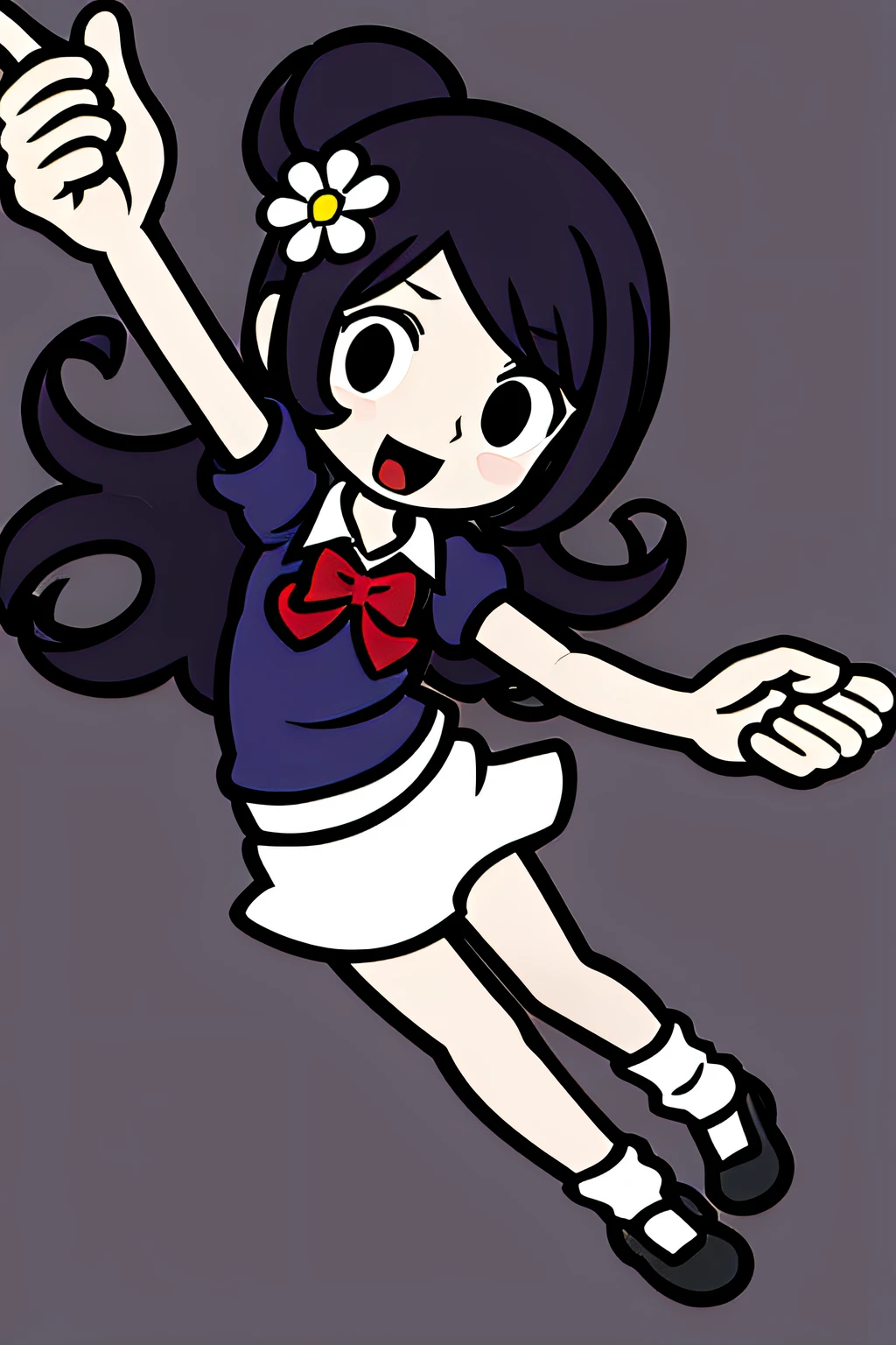 1girl in, White shirt, Blue skirt, Black socks, Black shoes, Red hair, Long hair, holding microphone, Dancing, Hair Flower, Short sleeves,(lola:Rhythm Heaven V1.1:0.7)