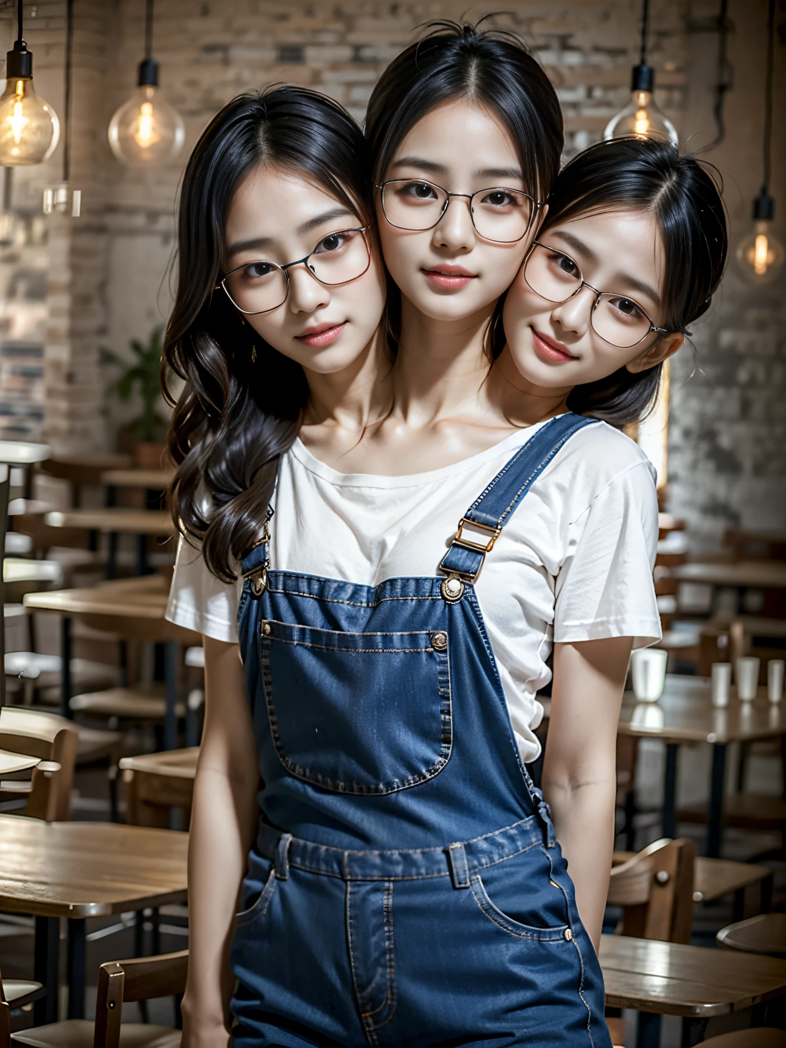 best resolution, 3heads, korean woman with three heads, tied hair, glasses, t-shirt, overalls, indoor background