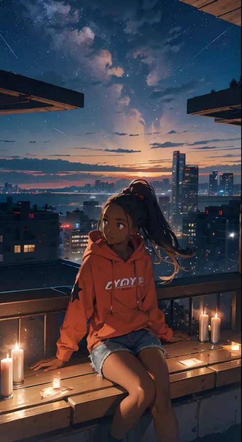 octane, sky, star (sky), scenery, starry sky, night, 1 black girl, night sky, solo, outdoors, building, cloud, milky way, sitting, candles , long hair, city, silhouette, wearing a red hoodie and jean shorts, cityscape view from above