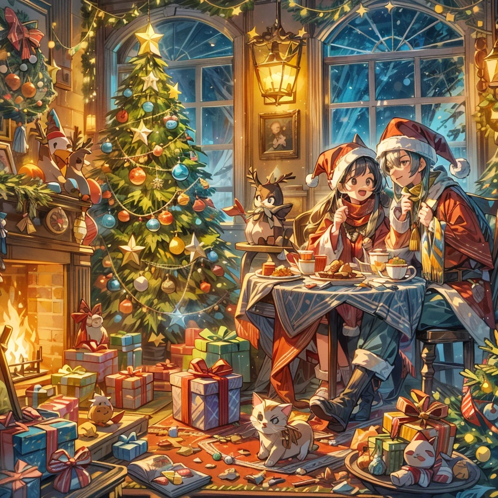 (((Estilo de ilustração vetorial)))，cor viva，ambiente mágico，caprichosamente，Espumante，Mundo de fantasia de Natal，no quarto，Um jovem casal vestindo fantasias de Natal aproveitando o jantar de Natal。O quarto decorado com uma alta árvore de Natal，Coberto com luzes piscando，Decoração colorida。Há caixas de presente empilhadas ao lado，Embalagem requintada revela expectativas e surpresas。Um fogo quente queima na lareira，Várias decorações de Natal são colocadas ao redor，Há também uma linda guirlanda de Natal pendurada na lareira。Biscoitos de gengibre em cima da mesa、Cana de açúcar、Iguarias de Natal, como doces。Gatinho aos pés encontra-se no tapete de Natal，usando um lenço vermelho，Parece estar aproveitando esse momento。A sala se encheu de uma forte atmosfera natalina，cheio de alegria e，Intoxicante, (Cores tipo Ghibli, pov, visão em primeira pessoa, Ultra HD, Obra de arte, preciso, anatomicamente correto, Super Detalhe, detalhes altos, alta qualidade, premiado, melhor qualidade, 8K)