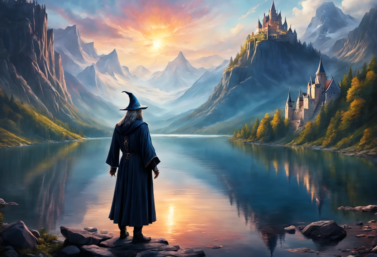 湖の向こうの山腹の城を眺める強力な魔法使いのファンタジーアートの肖像画.