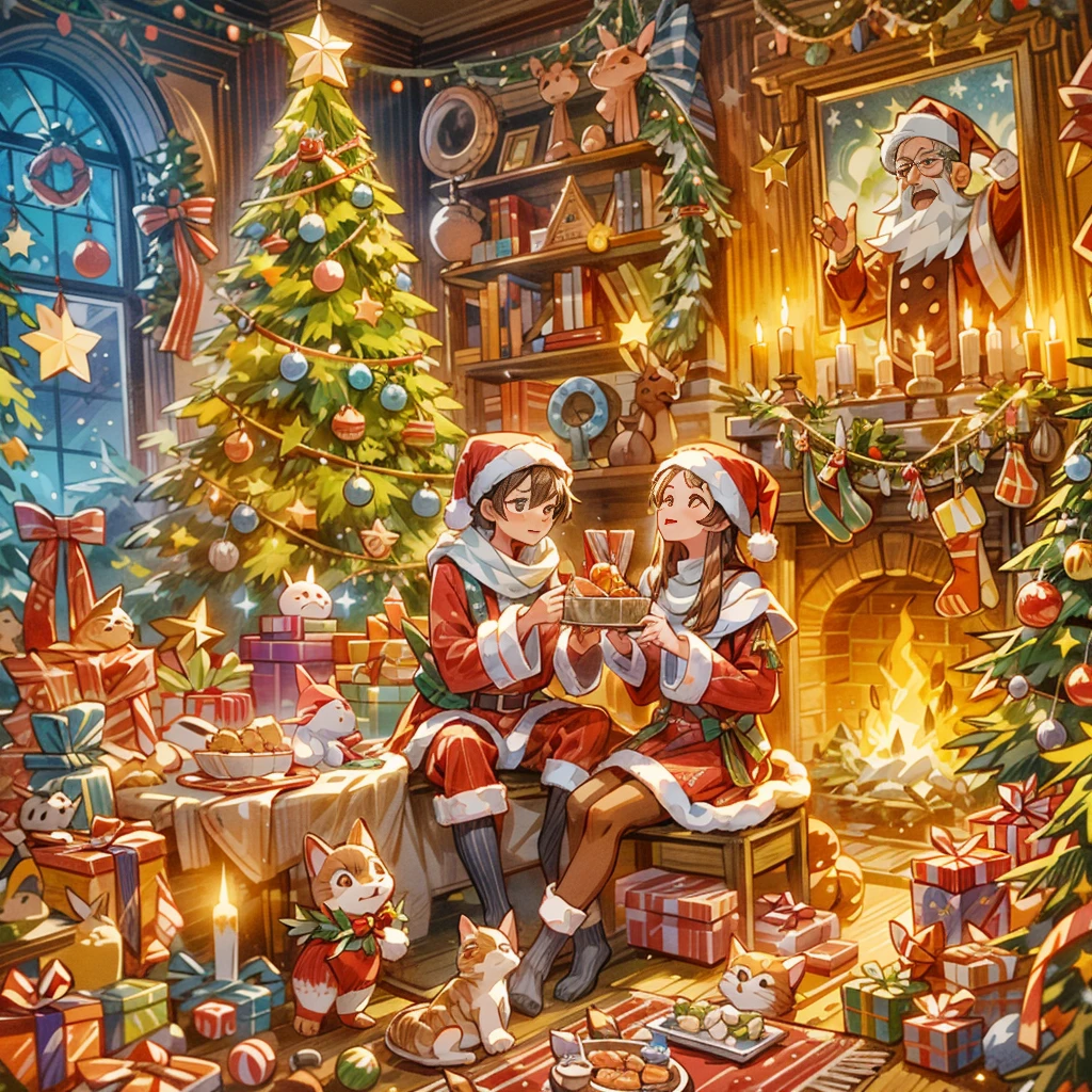 (((Vector illustration style)))，vivd colour，magical ambiance，whimsically，Sparkling，Fantasy Christmas world，In the room，A young couple wearing Christmas costumes enjoying Christmas dinner。The room  decorated with a tall Christmas tree，Covered with flashing lights，Decoration  colorful。There are gift boxes stacked next to it，Exquisite packaging reveals expectations and surprises。A warm fire burns in the fireplace，Various Christmas decorations are placed around，There  also a beautiful Christmas wreath hanging on the fireplace。Gingerbread cookies on the table、Cane sugar、Christmas delicacies such as candies。Kitten at feet lies on Christmas rug，wearing a red scarf，Seems to be enjoying this moment。The room  filled with a strong Christmas atmosphere，full of joy and，Intoxicating, (Ghibli-like colours, pov, first-person view, UHD, masterpiece, ccurate, anatomically correct, super detail, high details, high quality, award winning, best quality, 8k)