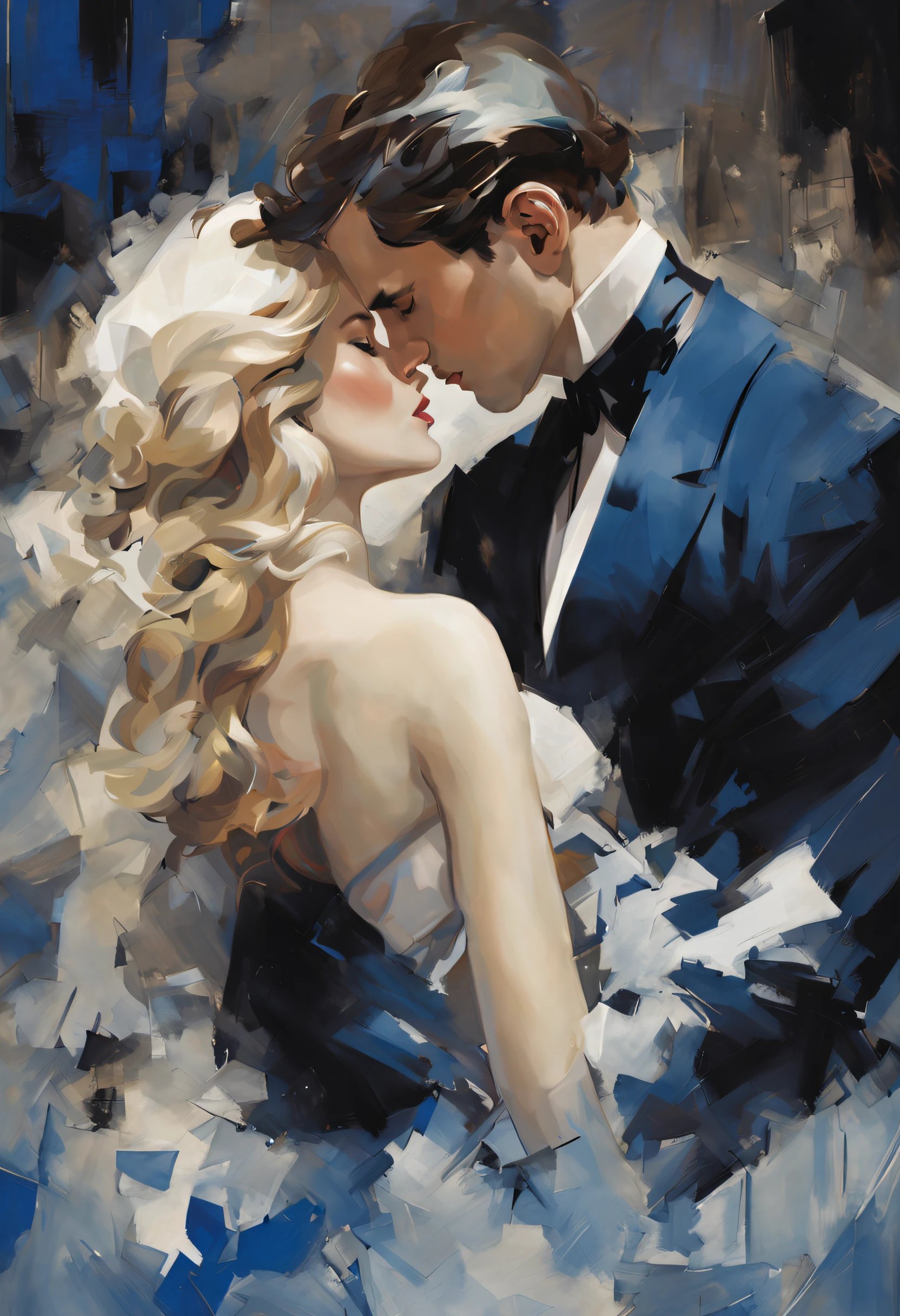 A snowy, whimsical fantasy scene with an super  sexy hero suit. The image  primarily composed of white, black, and royal blue colors. The artwork  created with abstract shapes and lines, resembling brush strokes. It has a poster art feel to it. The main focus of the scene  a couple engaged in a passionate kiss. The lighting and shadows play a crucial role in enhancing the mood of the artwork. The style of the image  influenced by the works of Malcolm Liepke, known for his dynamic and expressive paintings. seductive studio setting with a focus on sensuality and romance. Utilize soft, warm lighting that bathes the space in a gentle, inviting glow. Incorporate luxurious fabrics, plush furnishings, and a touch of decadence to evoke an opulent ambiance. The scene should exude an air of serenity and anticipation, inviting the viewer into a  and romantic space. The key  to emphasize elegance, beauty, and the allure of the studio environment while maintaining a tasteful and artistic approach.