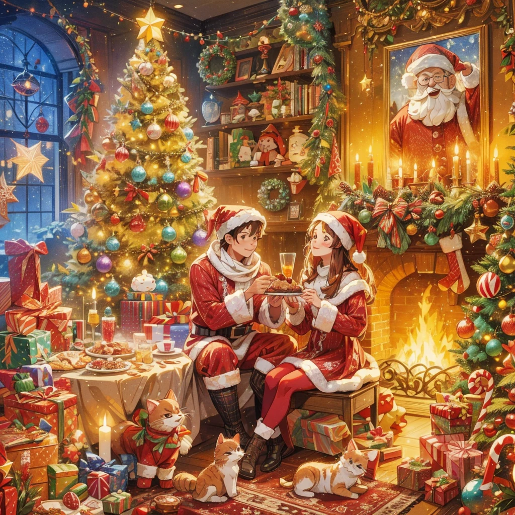 (((Vector illustration style)))，vivd colour，magical ambiance，whimsically，Sparkling，Fantasy Christmas world，In the room，A young couple wearing Christmas costumes enjoying Christmas dinner。The room  decorated with a tall Christmas tree，Covered with flashing lights，Decoration  colorful。There are gift boxes stacked next to it，Exquisite packaging reveals expectations and surprises。A warm fire burns in the fireplace，Various Christmas decorations are placed around，There  also a beautiful Christmas wreath hanging on the fireplace。Gingerbread cookies on the table、Cane sugar、Christmas delicacies such as candies。Kitten at feet lies on Christmas rug，wearing a red scarf，Seems to be enjoying this moment。The room  filled with a strong Christmas atmosphere，full of joy and，Intoxicating, (Ghibli-like colours, pov, first-person view, UHD, masterpiece, ccurate, anatomically correct, super detail, high details, high quality, award winning, best quality, 8k)