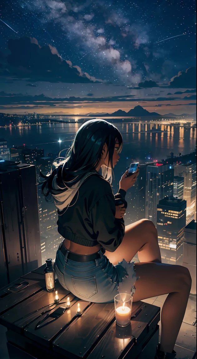 octane, sky, star (sky), scenery, starry sky, night, 1 black girl, night sky, solo, outdoors, building, cloud, milky way, sitting, candles , long hair, city, hourglass figure, silhouette, wearing a jacket and jean shorts, cityscape view from above