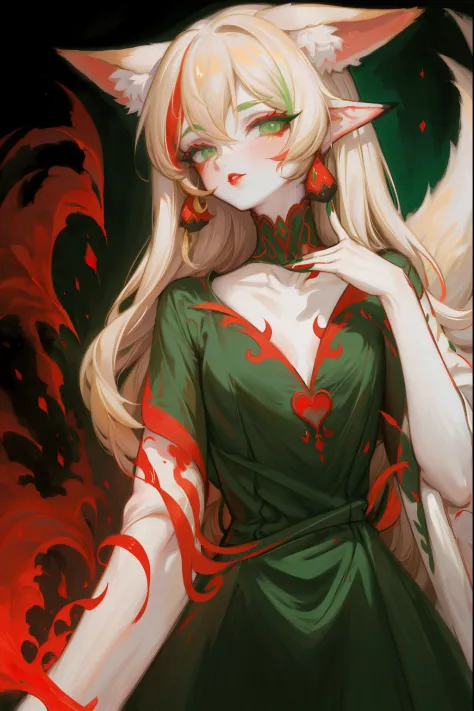 Upper body standing painting, sweetheart, solo, pale-skinned, (Fox ears), Green-eyed, Red Eyeshadow, red lips, black magic dress...
