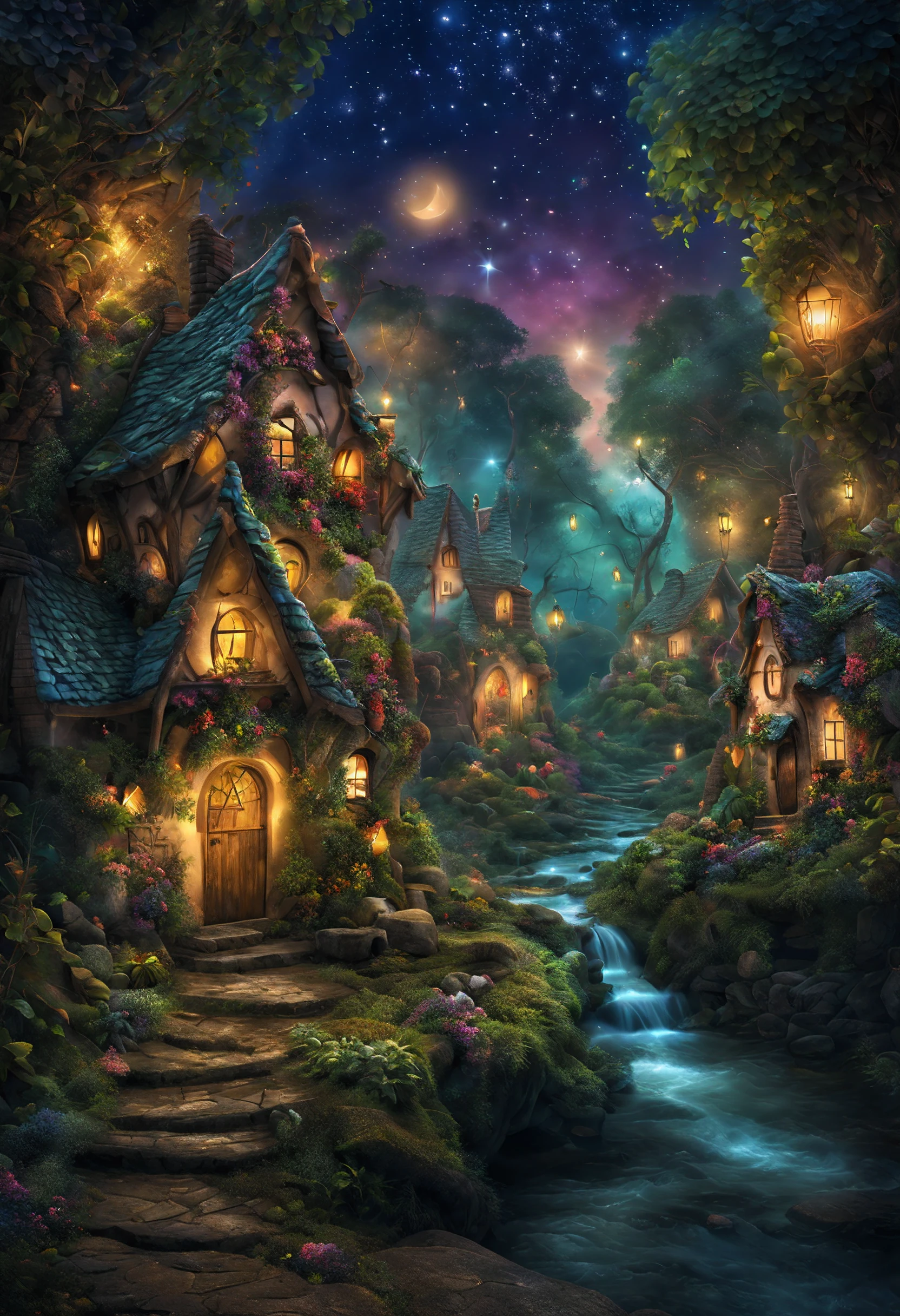 ((fairy village:1))magical lights, enchanted forest, whimsical houses, mystical creatures, sparkling river, glowing flowers, ethereal atmosphere, secret paths, shimmering lanterns, magical powers, hidden treasures, magical fog, charming bridges, vibrant colors, dreamlike scenery, joyful laughter, fluttering wings, sparkling dust, fantasy realm, gentle breeze, mystical music, joyful celebrations, mystical rituals, enchanted garden, curious fairies, sparkling waterfalls, dancing fireflies, floating lanterns, magical doorways, ancient trees, spellbinding spellbooks, mystical crystals, friendly woodland animals, cozy cottages, glittering stars, shimmering moonlight, magical mushrooms, dazzling fireworks, fairy dust, magical spells, whimsical carousel.