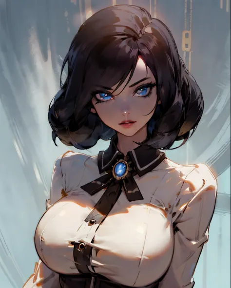 (detailed lights, detailed shadows), 1woman, black hair, (elizabeth), bioshock infinite, , white blouse, ((detailed eyes)), uppe...