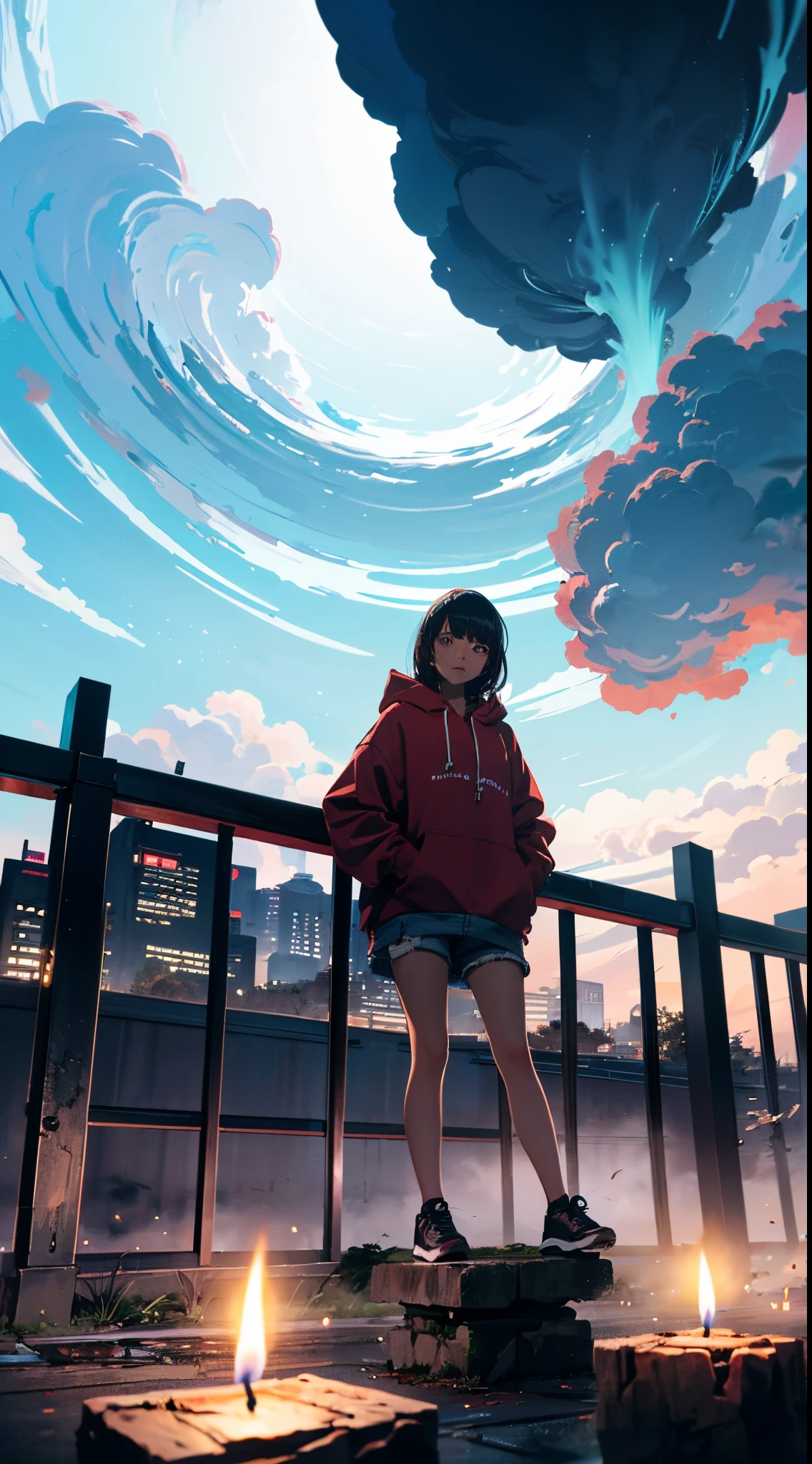 octanerender, Skysky, As estrelas (Skysky), scenecy, starrysky, the night, 1 Black girl, nigh sky, Alone, Outdoor activities, buliding, ​​clouds, milky ways, sitted, shaking candle , long whitr hair, 城市, silhouette angle, Wearing a red hoodie and denim shorts, view over city