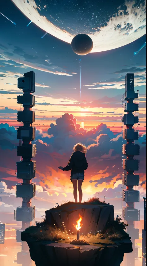 octanerender, Skysky, As estrelas (Skysky), scenecy, starrysky, the night, 1 Black girl, nigh sky, Alone, Outdoor activities, buliding, ​​clouds, milky ways, sitted, shaking candle , long whitr hair, 城市, silhouette angle, Wearing a red hoodie and denim sho...