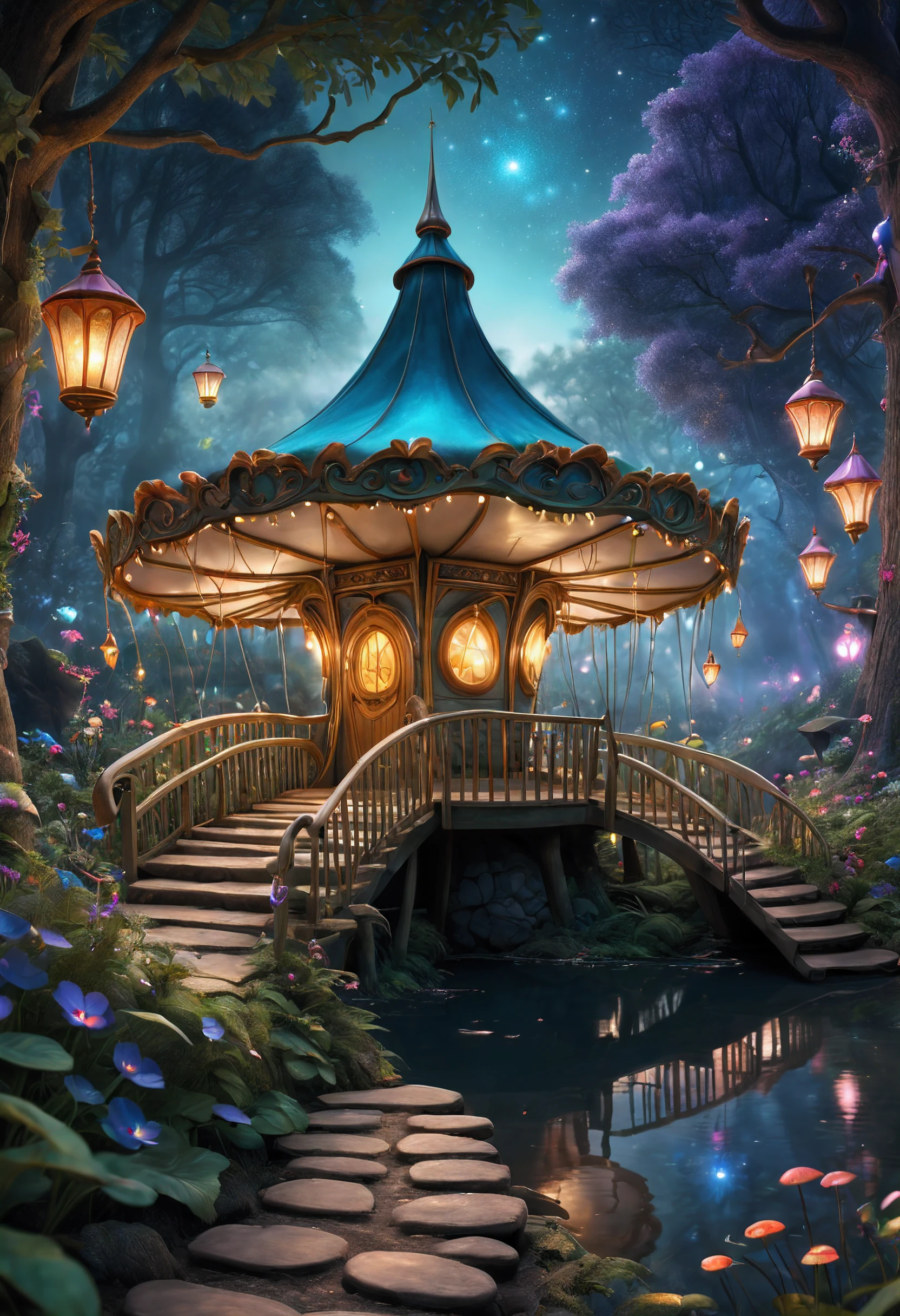 ((fairy village:1))magical lights, enchanted forest, whimsical houses, mystical creatures, sparkling river, glowing flowers, ethereal atmosphere, secret paths, shimmering lanterns, magical powers, hidden treasures, magical fog, charming bridges, vibrant colors, dreamlike scenery, joyful laughter, fluttering wings, sparkling dust, fantasy realm, gentle breeze, mystical music, joyful celebrations, mystical rituals, enchanted garden, curious fairies, sparkling waterfalls, dancing fireflies, floating lanterns, magical doorways, ancient trees, spellbinding spellbooks, mystical crystals, friendly woodland animals, cozy cottages, glittering stars, shimmering moonlight, magical mushrooms, dazzling fireworks, fairy dust, magical spells, whimsical carousel.