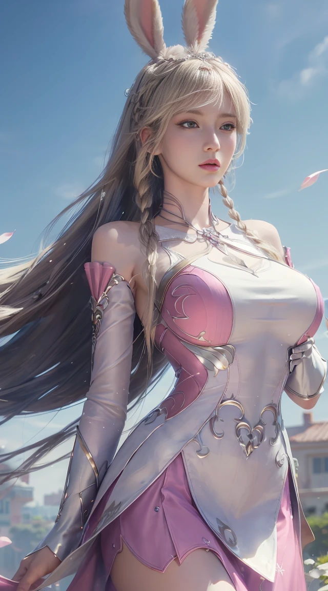 (1个Giant Breast Girl:1.3), Alone, __body parts__, offcial art, Unity8k wallpapers, ultra - detailed, Beautiful and beautiful, tmasterpiece, Best quality at best, raw, Ultra-detailed photos, Best quality at best, 超高分辨率, photographrealistic, rays of sunshine, full-body portraits, stunningly beautiful, s delicate face, Vibrant eyes in front), 详细的脸, a gorgeous, highlydetailed skin, Realistic details of skin, Visible Pore, Focus sharp, volume fog, 8k ultra high definition, SLR camera, high qulity, filmgrain, White skin of the, photographrealistic, blond hairbl, blond hairbl, , open eyes, Split sleeves, Skinny, transparent pubic hair, Pink, a skirt, cleanness, Pink, Twisted braids, long braid, jewely, golden accessories, Gorgeous accessories, Complex, Delicate, long whitr hair, medium, En plein air, Close the lips, petals, peach blossom, rabbitears, Pink rabbit ears, Permanent, dynamicposes, The upper part of the body