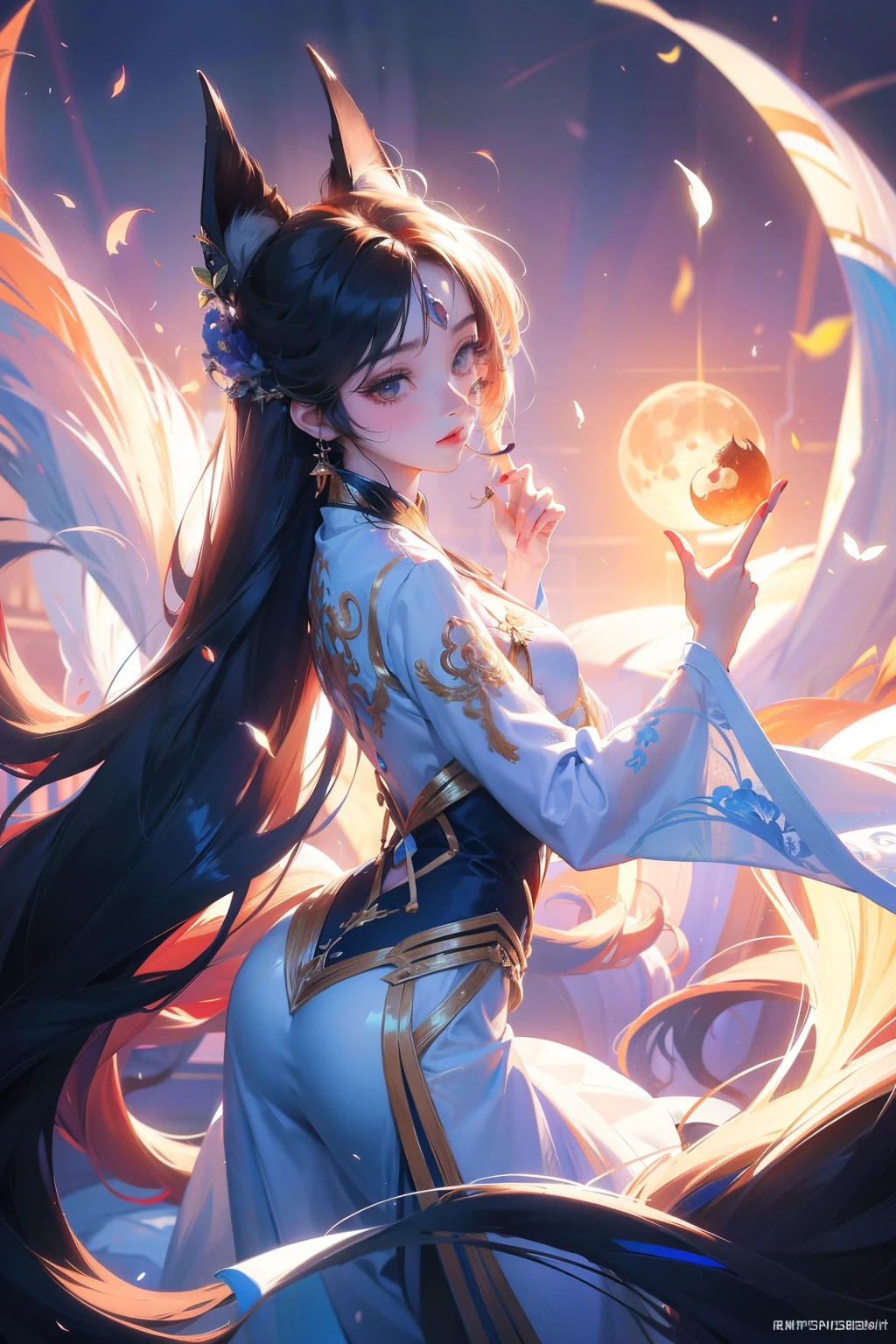 Unity8k wallpapers, ultra - detailed, Beautiful and beautiful, tmasterpiece, Best quality at best, nine tail fox，beautiful  Girl，themoon，Luminous Particle