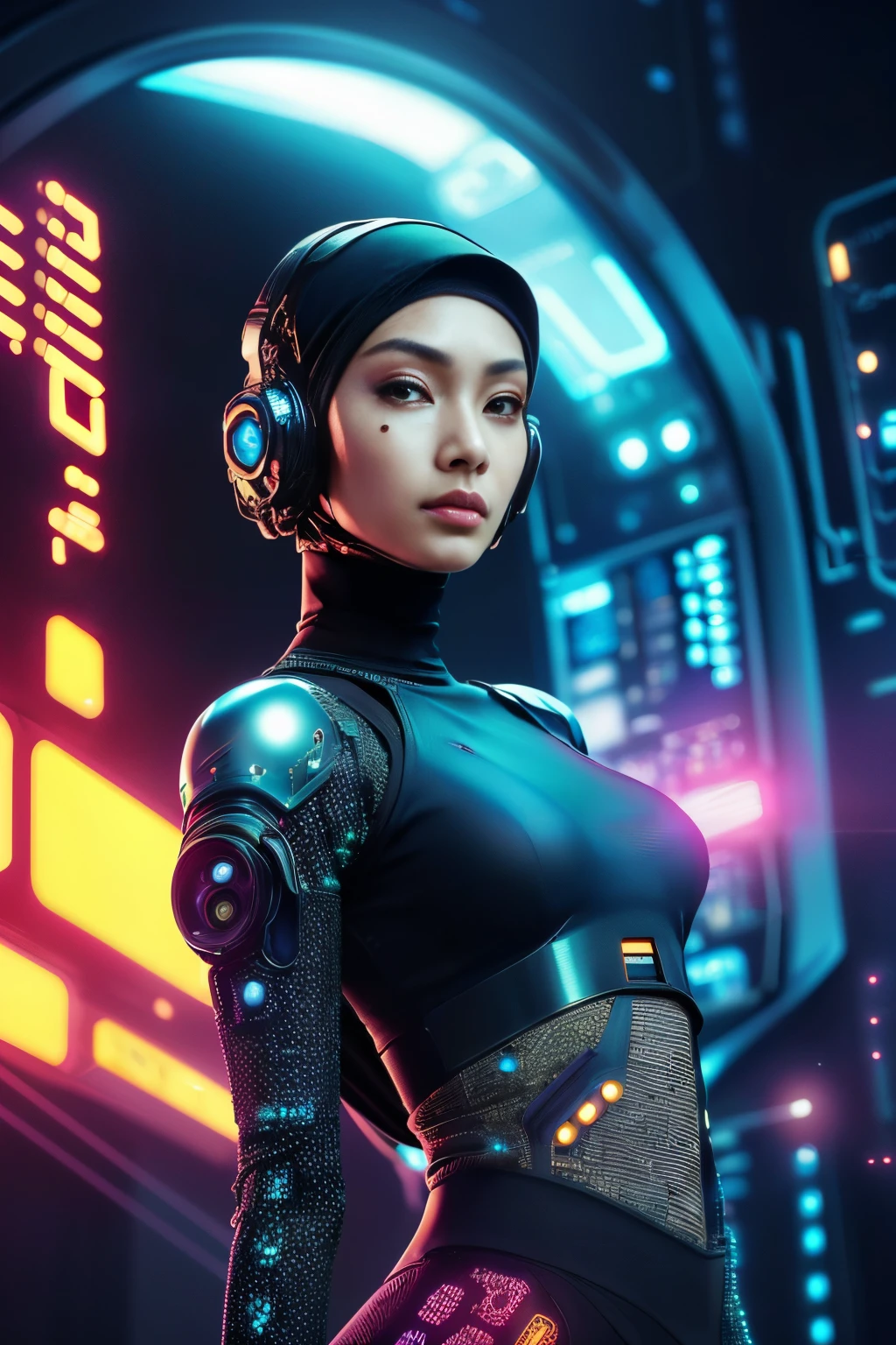 beautiful cyberpunk malay girl in hijab wearing a futuristic head mounted display,  (finely detailed skin), pale skin, (in a deep neckline highly detailed sexy futuristic cyberpunk black crop top and underpants made of circuit boards, cybernetics, japanese words with a flare effect, beautiful epic composition, futuristic, masterpiece, , appealing, posing for a photo