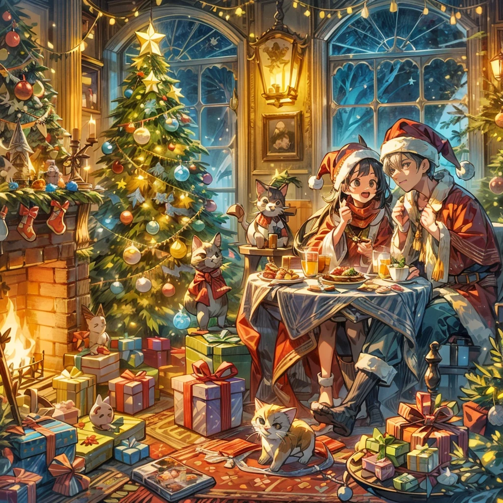 (((Estilo de ilustración vectorial)))，color vivo，ambiente magico，caprichosamente，espumoso，Mundo de Navidad de fantasía，en la habitación，Una pareja joven vestida con trajes navideños disfrutando de la cena de Navidad。La habitación decorada con un alto árbol de Navidad.，Cubierto de luces intermitentes，Decoración colorida。Hay cajas de regalo apiladas al lado.，Un embalaje exquisito revela expectativas y sorpresas.。Un cálido fuego arde en la chimenea.，Se colocan varios adornos navideños alrededor.，También hay una hermosa corona navideña colgada en la chimenea.。Galletas de jengibre en la mesa、Caña de azucar、Delicias navideñas como dulces。Gatito a los pies yace sobre una alfombra navideña，Llevando un pañuelo rojo，Parece estar disfrutando este momento.。La sala se llenó de un fuerte ambiente navideño.，lleno de alegría y，embriagador, (Colores tipo Ghibli, tirar, vista en primera persona, uhd, Obra maestra, preciso, anatómicamente correcto, súper detalle, Detalles altos, alta calidad, premiado, mejor calidad, 8k)