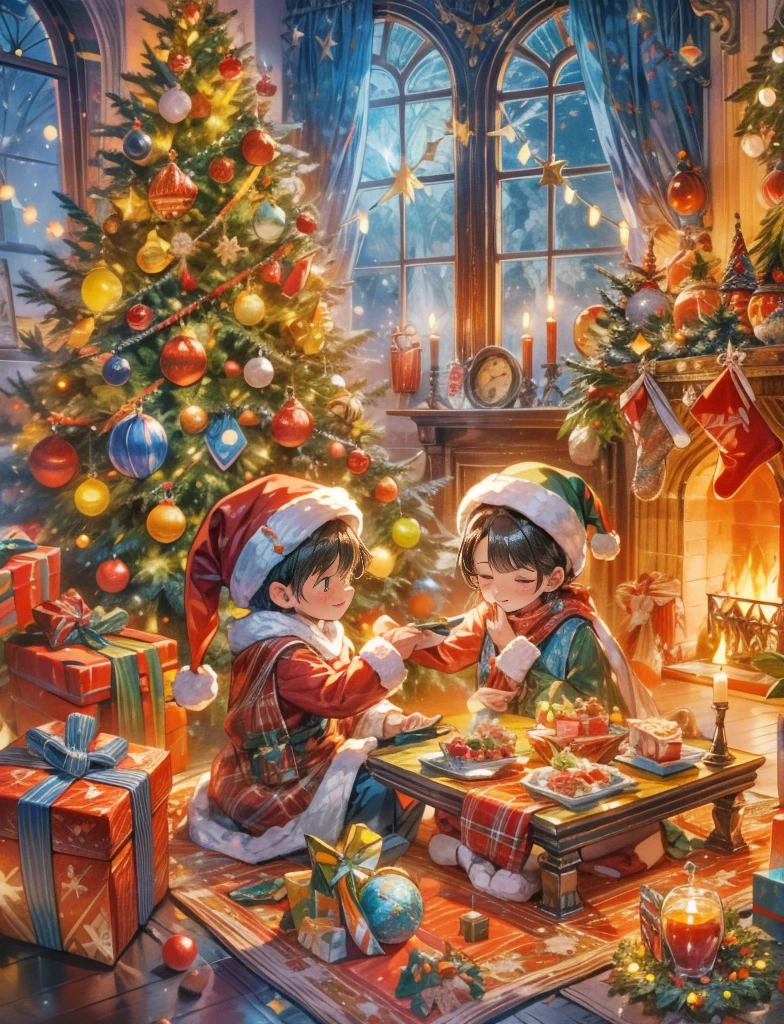 (((Vector illustration style)))，vibrant with coloragical atmosphere，whimsically，Sparkling，Fantasy Christmas World，Being in the room，A little boy and girl wearing Christmas costumes enjoying Christmas dinner。The room  decorated with a tall Christmas tree，covered in flashing lights，Colorful decoration。There are gift boxes stacked next to it，Exquisite packaging reveals expectations and surprises。Warm fire burning in the fireplace，Various Christmas decorations are placed around，There  also a beautiful Christmas wreath hanging on the fireplace。Gingerbread on the table、sucrose、Christmas food，like candy。Kitten feet lying on Christmas rug，wearing a red scarf，Seems to be enjoying this moment。The room  filled with a strong Christmas atmosphere，full of joy and，intoxicate, (Ghibltyle colors, Perspectives, first person perspective, hyper HD, tmasterpiece, acurate, Anatomically correct, super detailing, high detal, high qulity, Award-Awarded, Best quality at best, 8K)