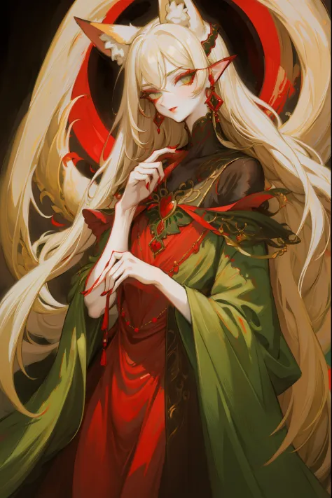 Upper body standing painting, sweetheart, solo, pale-skinned, (Fox ears), Elaborate Eyes, detail in face, Green-eyed, Red Eyesha...