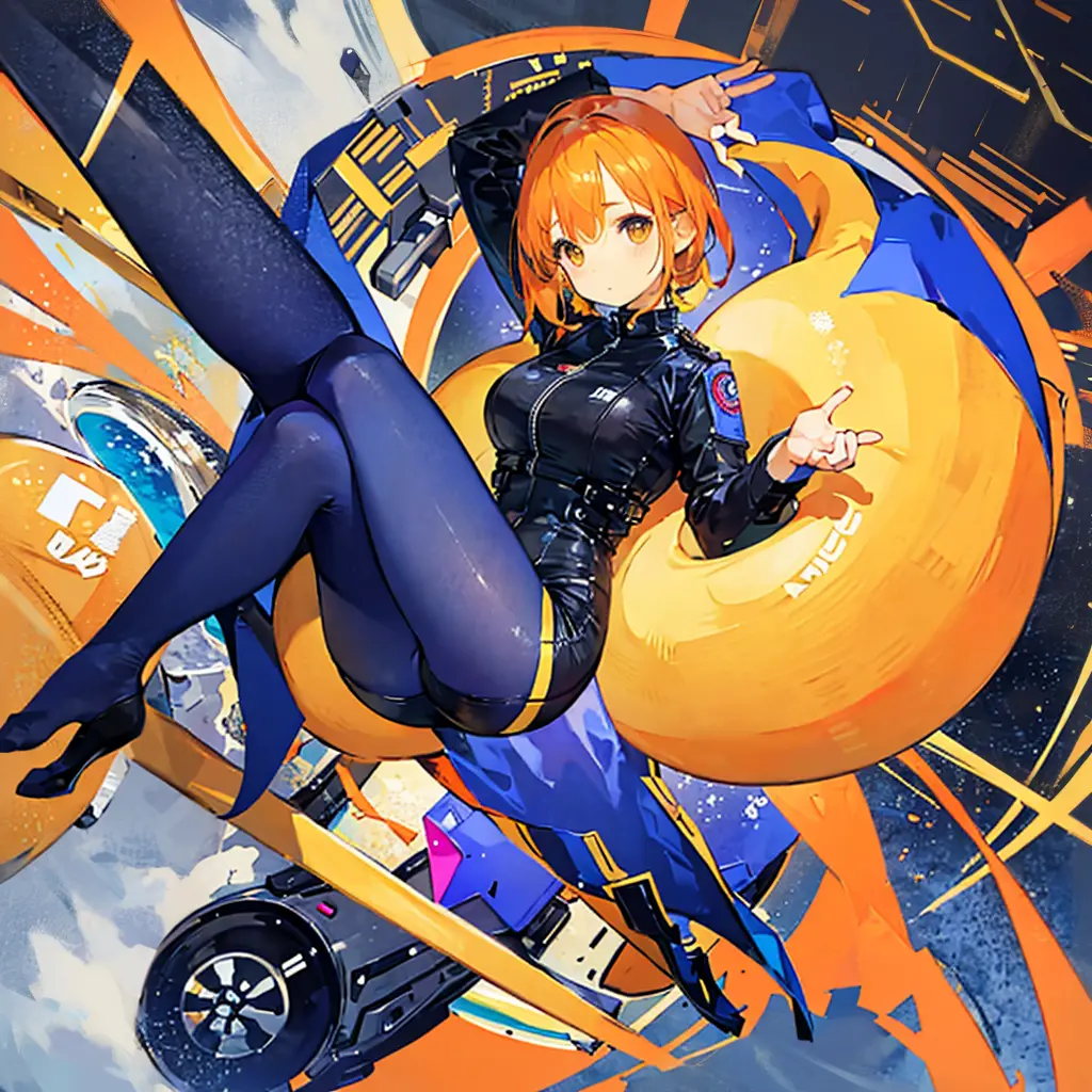 1 female、Orange hair、Colossal titig aslack catsuit、yellow eyes、Large, thick thighs、a short bob、wide hips、pantyhose