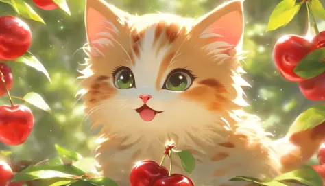 Cute vector kitten with cherry, style of anime, M Jenny style, Digital illustration, nearing perfection, very detailed nipples, smooth private parts, Focus sharp, illuminations, 4K分辨率