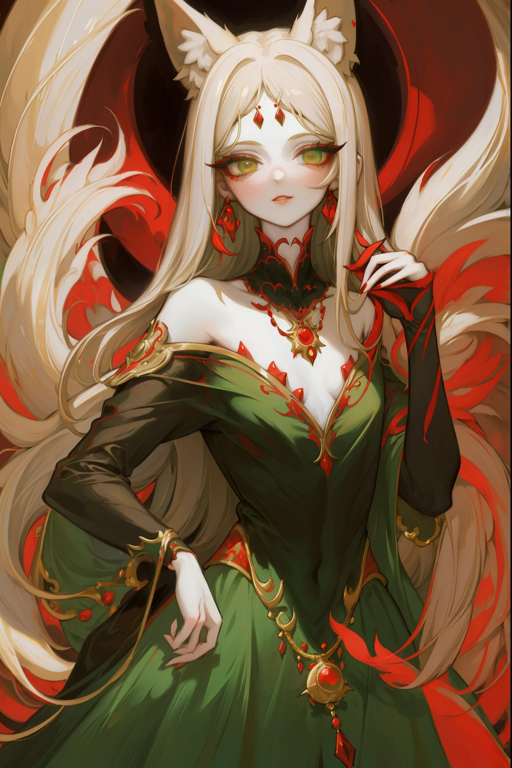 Upper body standing painting, sweetheart, solo, pale-skinned, (Fox ears), Elaborate Eyes, detail in face, Green-eyed, Red Eyeshadow, lips in red, black magic dress, awas, pervert smirk, tmasterpiece, high high quality, minimum, Tiny,
