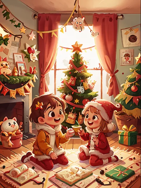Winters，christmalat illustration，Two little children decorating Christmas tree，gifts，Happy，Smiling，Joyful，Medium Shot Shot，8K