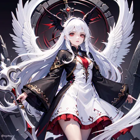 Female with white long hair, red eyes, mage, wizard, top hat, gothic skirt, staff, raven wings, tombstone, necromancer, indiffer...