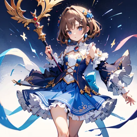 magical little girl，Secondary two，a lively, Full of pruneright aristocratic girl astrologer，light brown hair and blue eyelatches...
