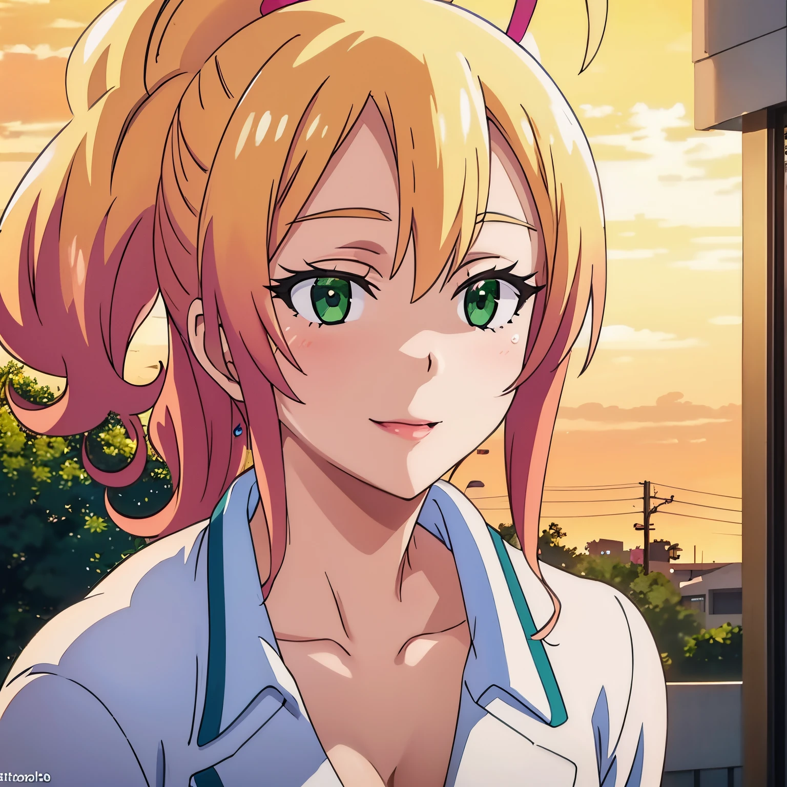 Anime girl with blonde hair and green eyes in front of a sunset - SeaArt AI