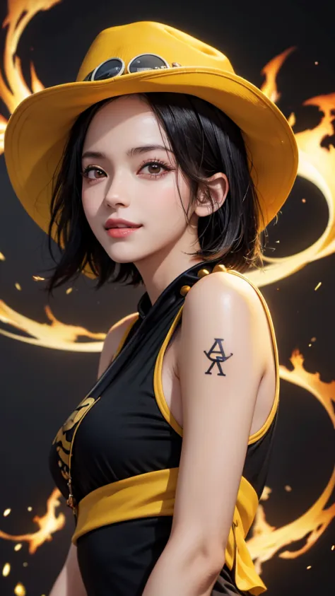 1girl, female ace in anime one piece, short hair , black hair, black eyes, beautiful,yellow hat, black clothes , smile, fire bac...